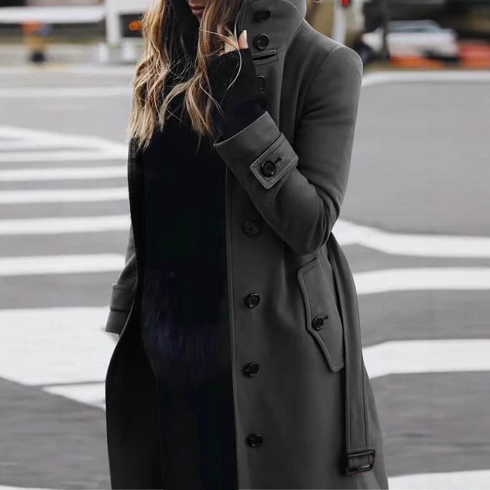Women's Coats Winter 2025 Edgy Chic Solid Color High Neck Long Sleeve Longline Button Front Trench Coat