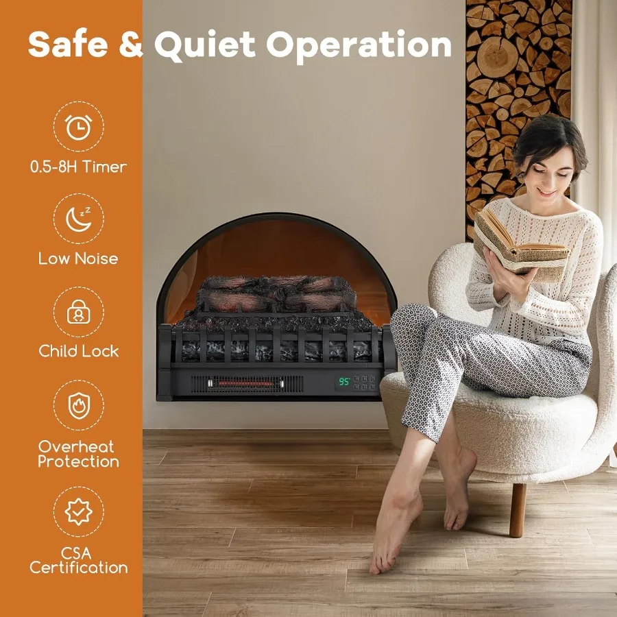 Riscaldatore per camino elettrico da 23 pollici con quarzo a infrarossi con protezione da surriscaldamento del termostato regolabile con luminosità della fiamma a 5 livelli