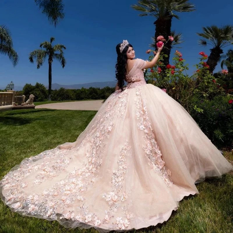 Vestido De baile De quinceañera sin hombros con cuentas De cristal, apliques De flores 3D, corsé De encaje, champán, 15 Años