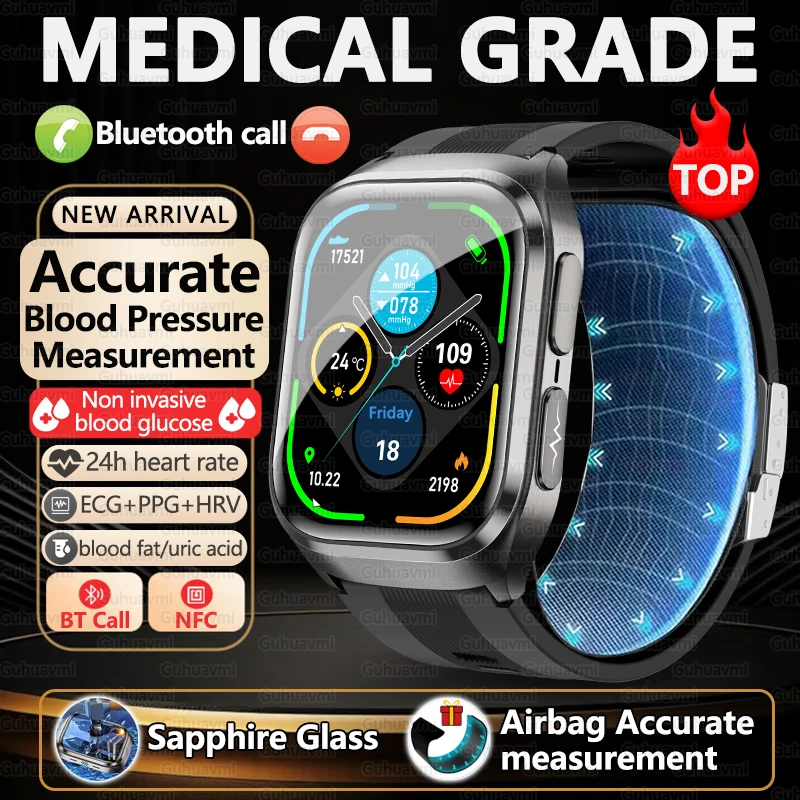 2025 nuevo grado médico ECG reloj inteligente azúcar en sangre lípido en sangre ácido úrico NFC temperatura corporal Bluetooth llamada salud relojes inteligentes