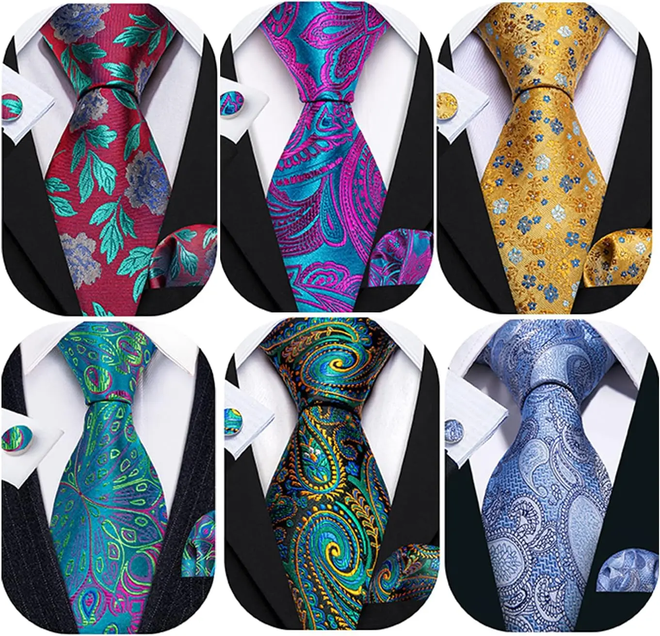

6 Pcs Men's Tie Set: Silk Business Fashion Woven Necktie, Handkerchief, Cufflinks - Paisley Stripe for Wedding Party