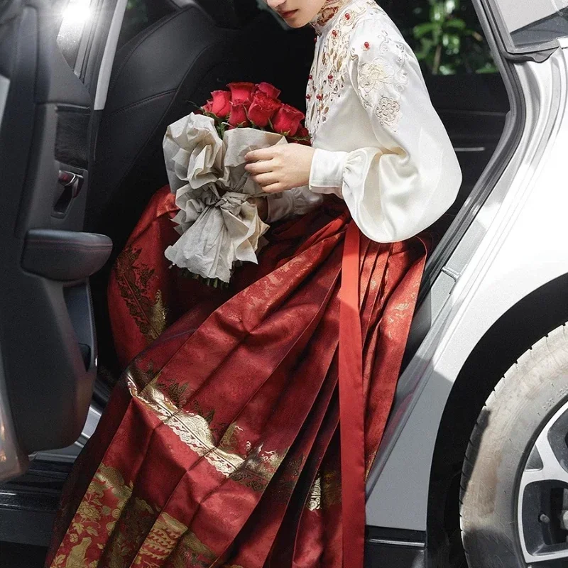 Retro Traditional Chinese Style Embroidery Shirt Horse Face Skirt Women's Hanfu Toast Wedding Clothes