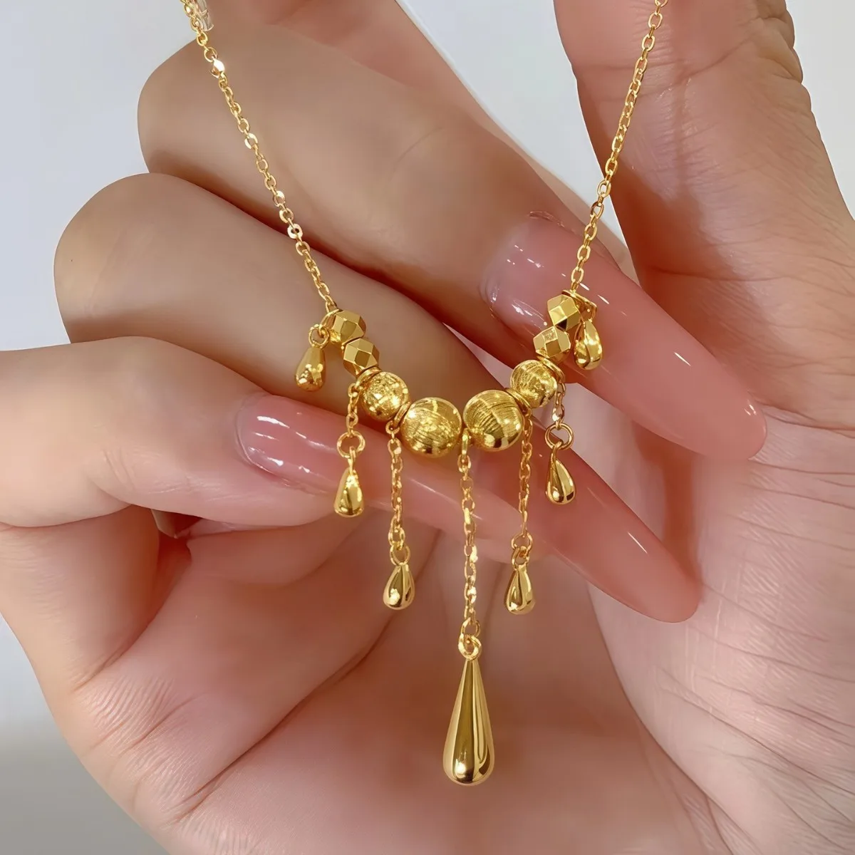 Luxury 24K 9999 Pure Gold real gold Fashion Cat's Eye Water Drops Tassel Women's Clavicle Chain