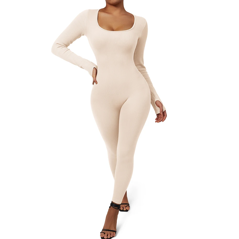 Ribbed Bodysuit Women Autumn Winter  Fitness Workout Jumpsuit Long Sleeve Sportswear Jumpsuits Fashion Streetwear Outfits Romper