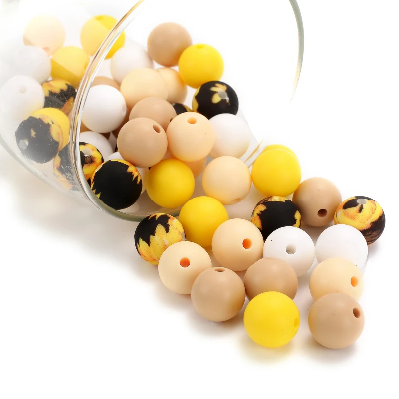 Perles de dentition rondes en silicone à imprimé mixte pour bébé, sucette JOClips, bijoux exécutifs, tournesol, léopard, bricolage, 12mm, 50 pièces