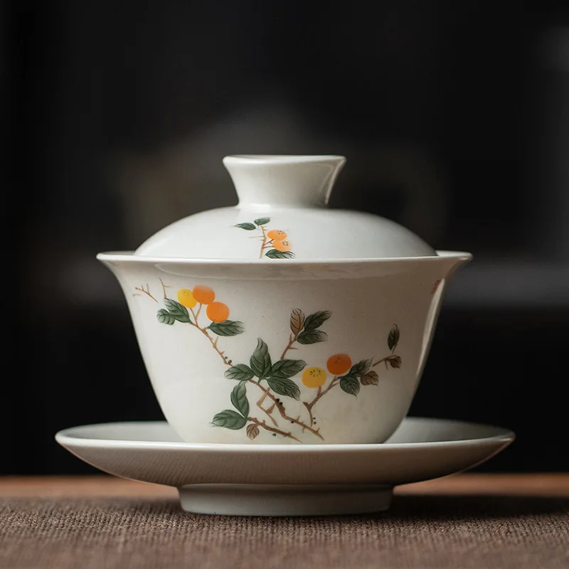 

Grass and Wood Ceramic Gaiwan, Retro Brewing, Covered Bowl, Kung Fu Tea Set, Household Ceremony Pot, Landscape, Retro Style
