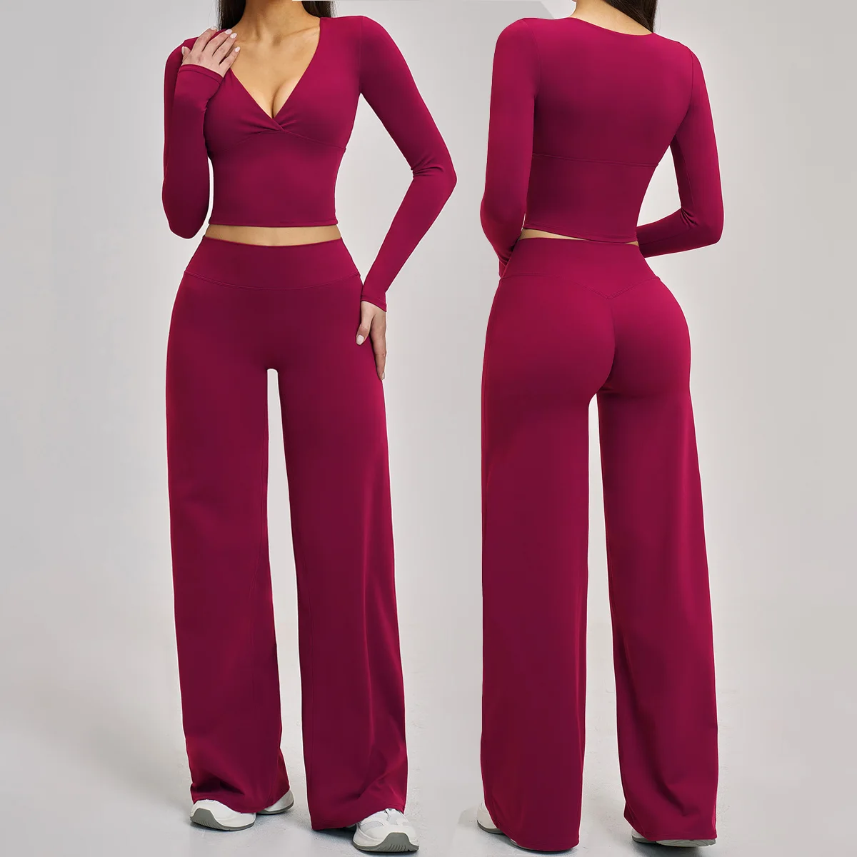 2PCS Yoga Suit Sports Gym Set Women Tracksuit Running Workout Long Sleeve Fitness Top Athletic Wear Wide Leg Straight Leg Pants