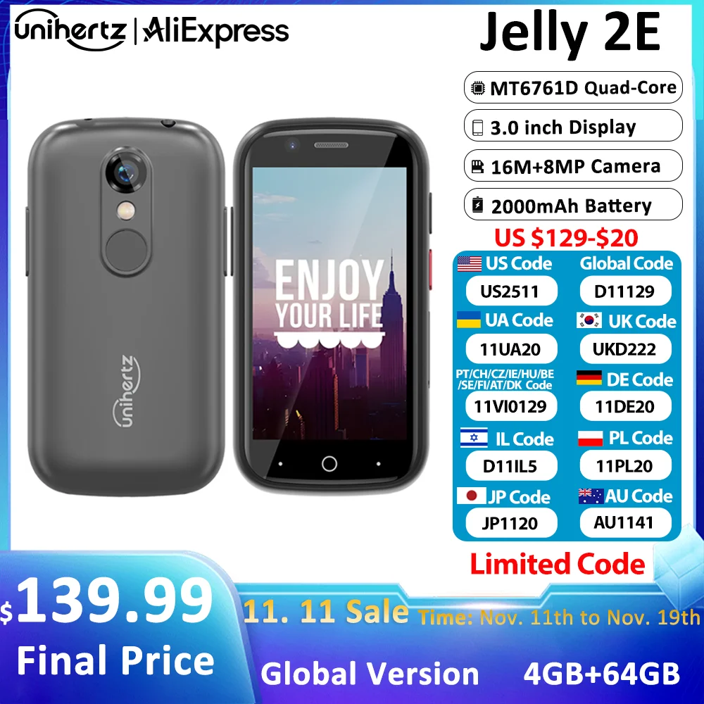 Unihertz Jelly 2E Mini Smartphone 4GB 64GB Android 12 Unlocked Mobile Phone 2000mAh Portable Cellphones