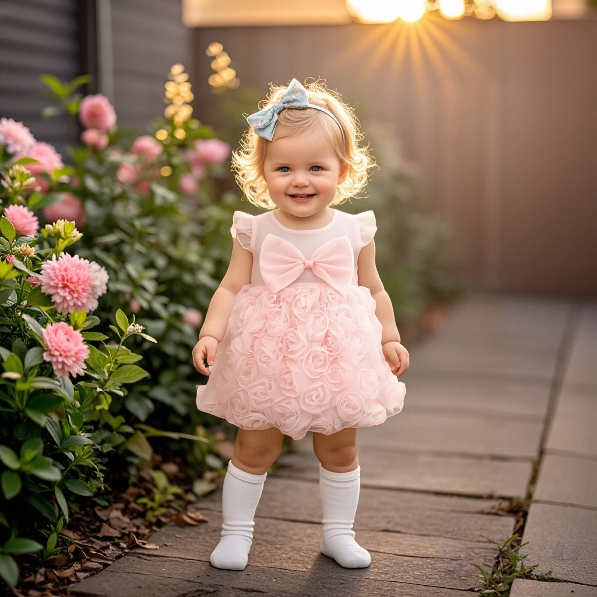 

Girl Dress Summer 3D Rose Lace Flying Sleeve Dress For Baby Girls Big Bow Fashionable Birthday Party Princess Dress