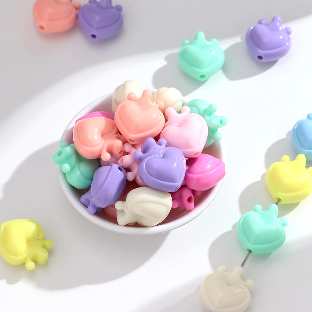 10pcs Heart-Shaped Crown Acrylic Beads Macaron Colors 21x24mm Loose Spaced Beads for DIY Jewelry Making Bracelets And Necklaces