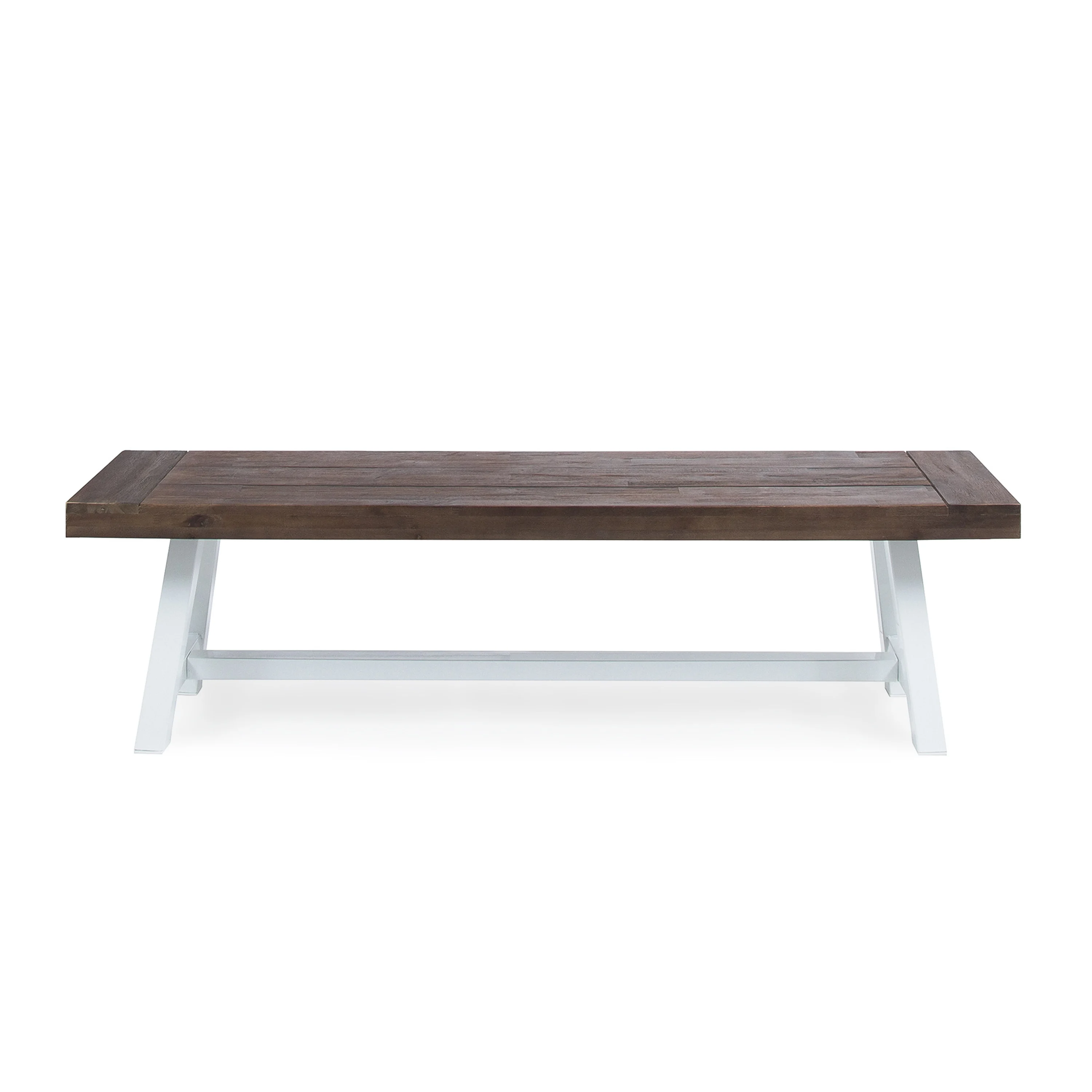 //Dark Brown Sandblast Finish Acacia Wood Dining Bench With White Rustic Metal Finish Frame