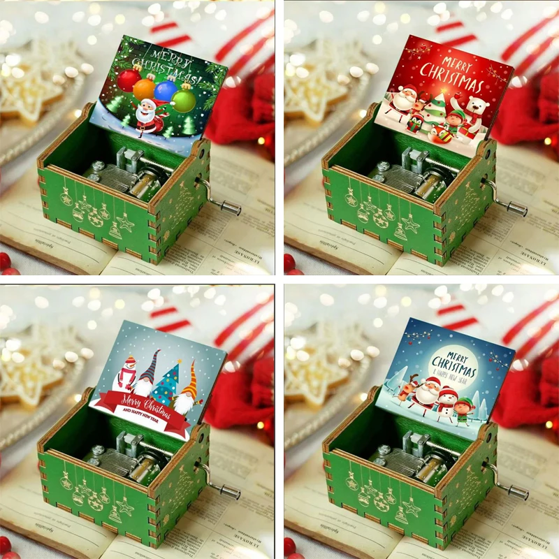 2024 Hot Wooden Hand Crank Music Box Christmas Theme Halloween Decoration Home Birthday Gift