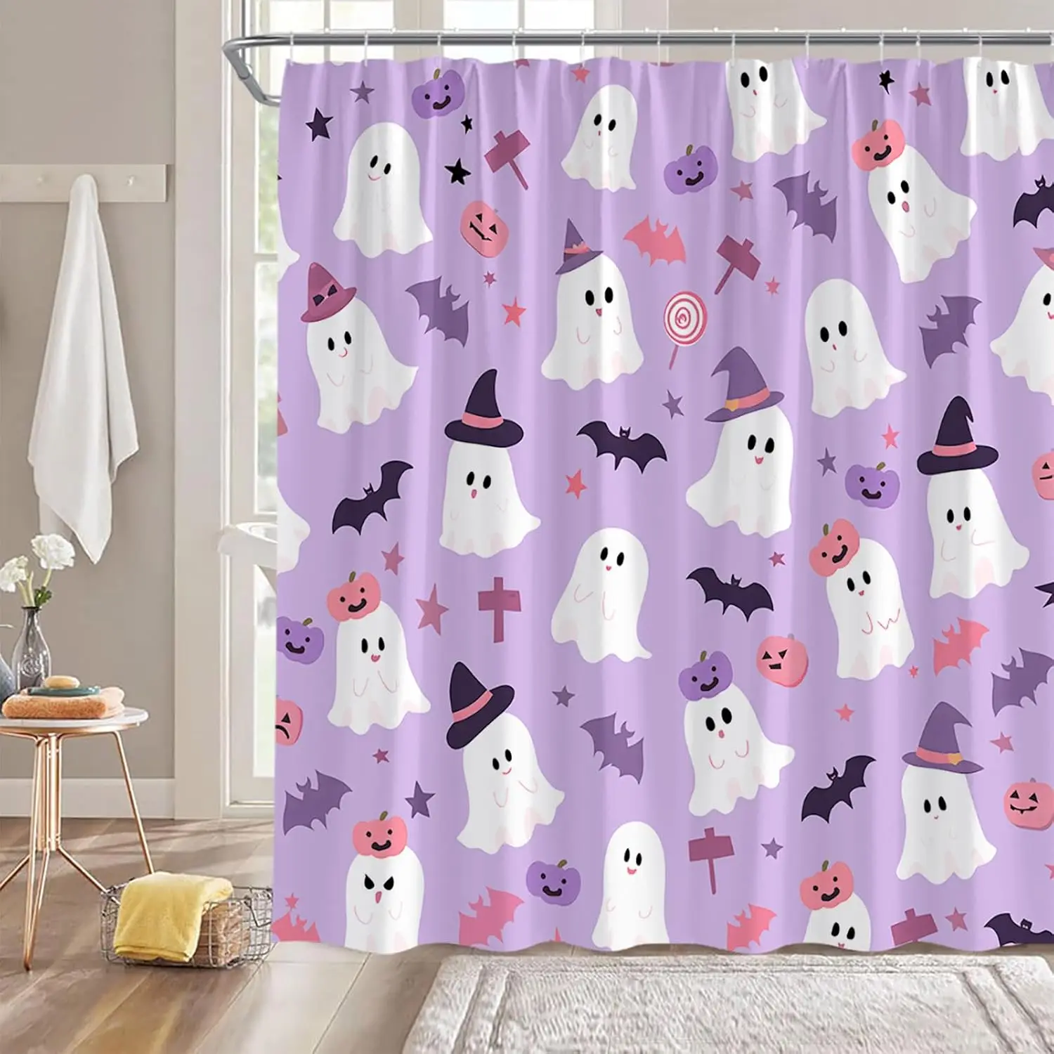 

Halloween Ghost Shower Curtain Cartoon Cute Ghost Pumpkin Bat Stars Funny Holiday Happy Halloween Purple Bathroom Decor Fabric