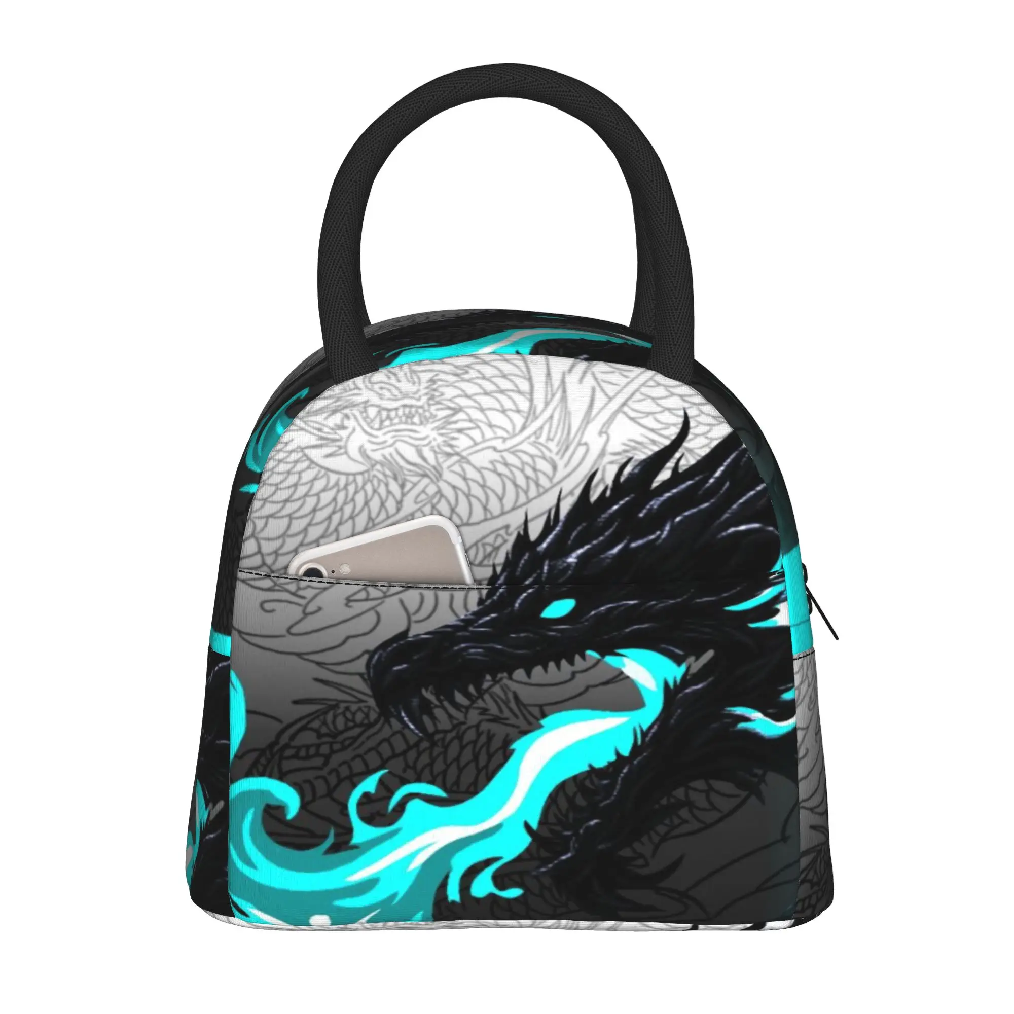 Back to school season  Portable Food Pouch Black Dragon Cyan Smoke Design Zipper Closure Cool Daily Snack Storage Lunch Bag