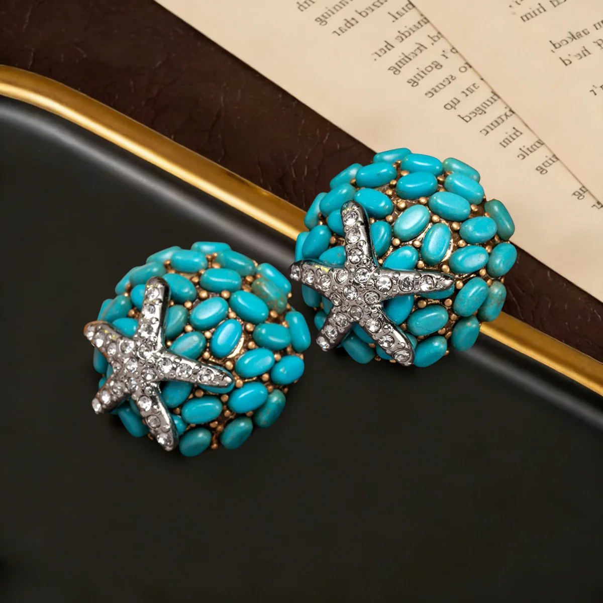 vintage turquoise stud earrings exaggerated exquisite earrings retro style five-pointed ball star earrings