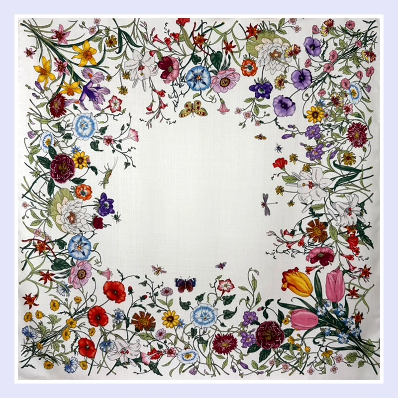 シルクウール65スクエアスカーフ多用途秋冬スタイル桑シルクウールショール両面シルクスカーフ植物花柄