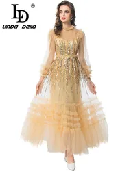 LD LINDA DELLA Elegant Summer luxury dress Women's long sleeve Stand Collar Sequins Edible Tree Fungus Edge Ball Gown Dress