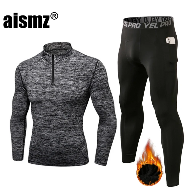 

Aismz High Collar Winter Fleece Thermal Underwear Men Long Johns Rashgard Shirt Leggings Warm Sport Compression Underwear Thermo