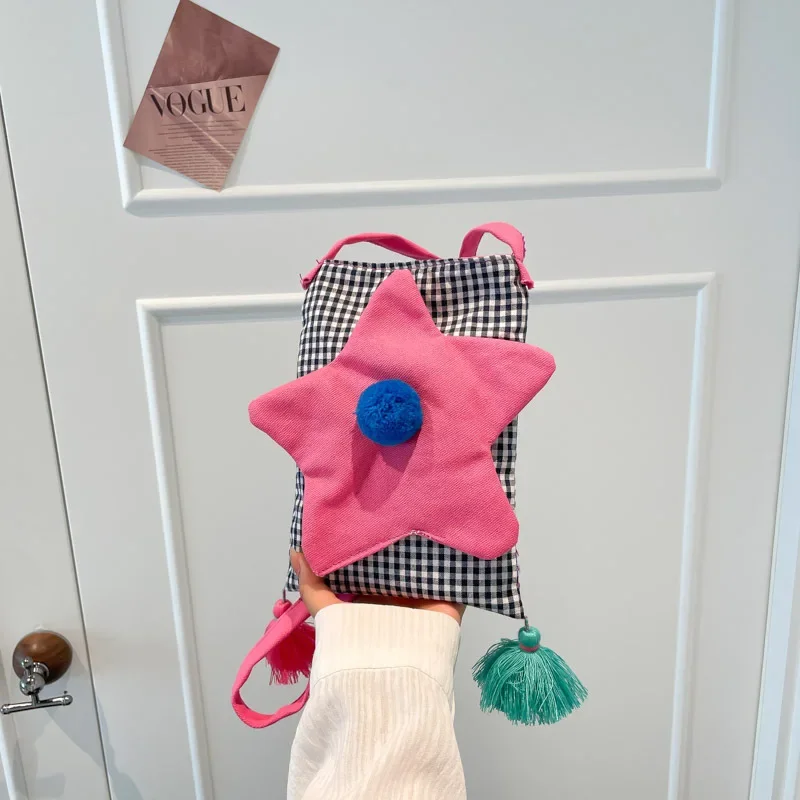 

Sweet Cartoon Star Checkered Small Shoulder Bag Slung Phone Bag with Few Pockets for Casual Styling