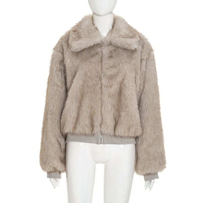 TARUXY Modna Ciepła Kurtka z Klapami Damska Luźna Zapinana na Zamek Długi Rękaw Łączona ze Sztucznym Futrem Płaszcz do Pracy Zimowy Nowość 2025