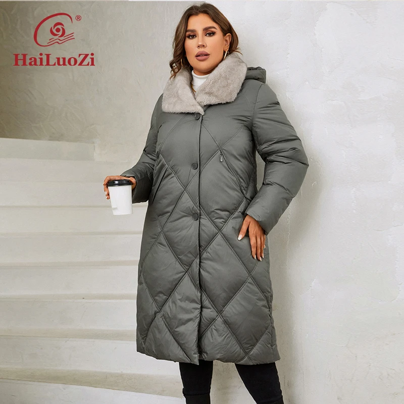 HaiLuoZi 2023 nuove giacche invernali da donna Plus Size lungo caldo parka elegante con cappuccio con pelliccia cappotti trapuntati classici donna 1165