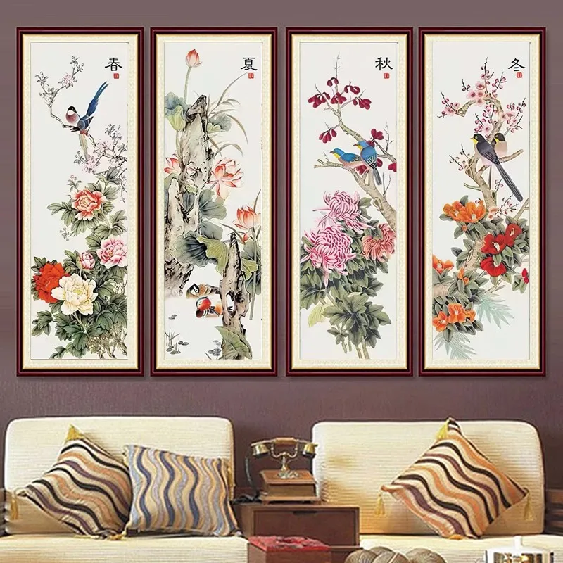 Le quattro stagioni 11CT uccelli fiori ricamo kit stampati fai da te punto croce ricamo Set decorazioni per la casa artigianato 35 x10 0 cm/pezzo