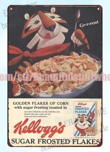 1960s sugar frosted flakes corn cereal tiger kellogg's metal tin sign old signs