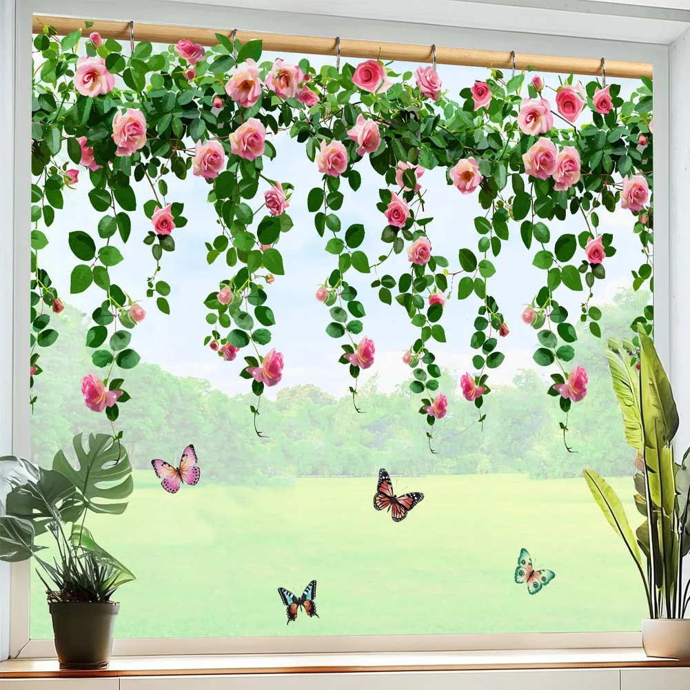 Creative Rose Vine Butterfly Static Cling Window Decals Modern Home Decor Spring Window Cling Decals - Vibrant Butterfly