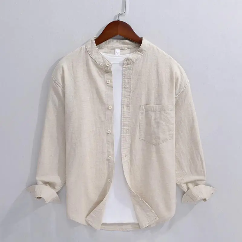 

Мужской воротник-стойка Long Sve Linen irt Тонкий дышащий влажный ng Весна Лето Повседневный Faion Pure Color