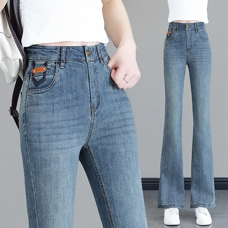 

Расклешенные джинсы с высокой талией, женские весенне-осенние модные универсальные брюки с эластичными копытами, хлопок, полиэстер, вискоза
