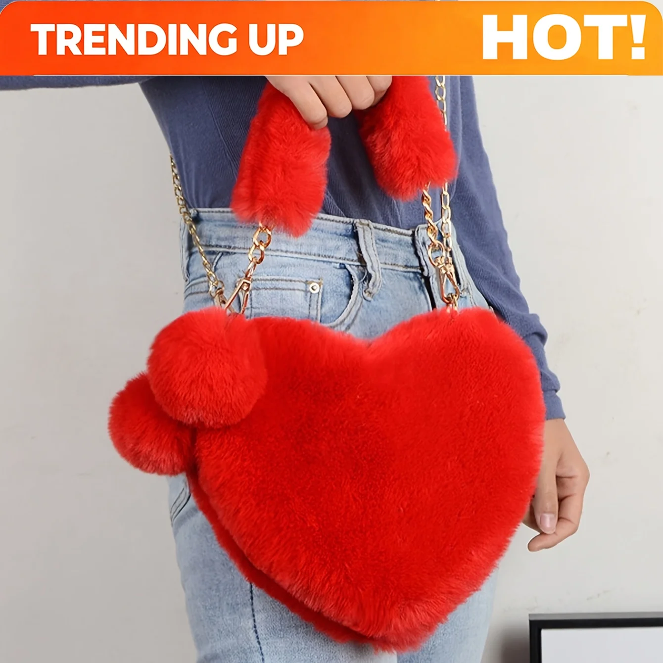 1pc Fashion Autumn/Winter New Valentine's Day Themed Soft Solid Color Plush Ball Pendant Heart-Shaped Zipper Women's Shoulder Ba