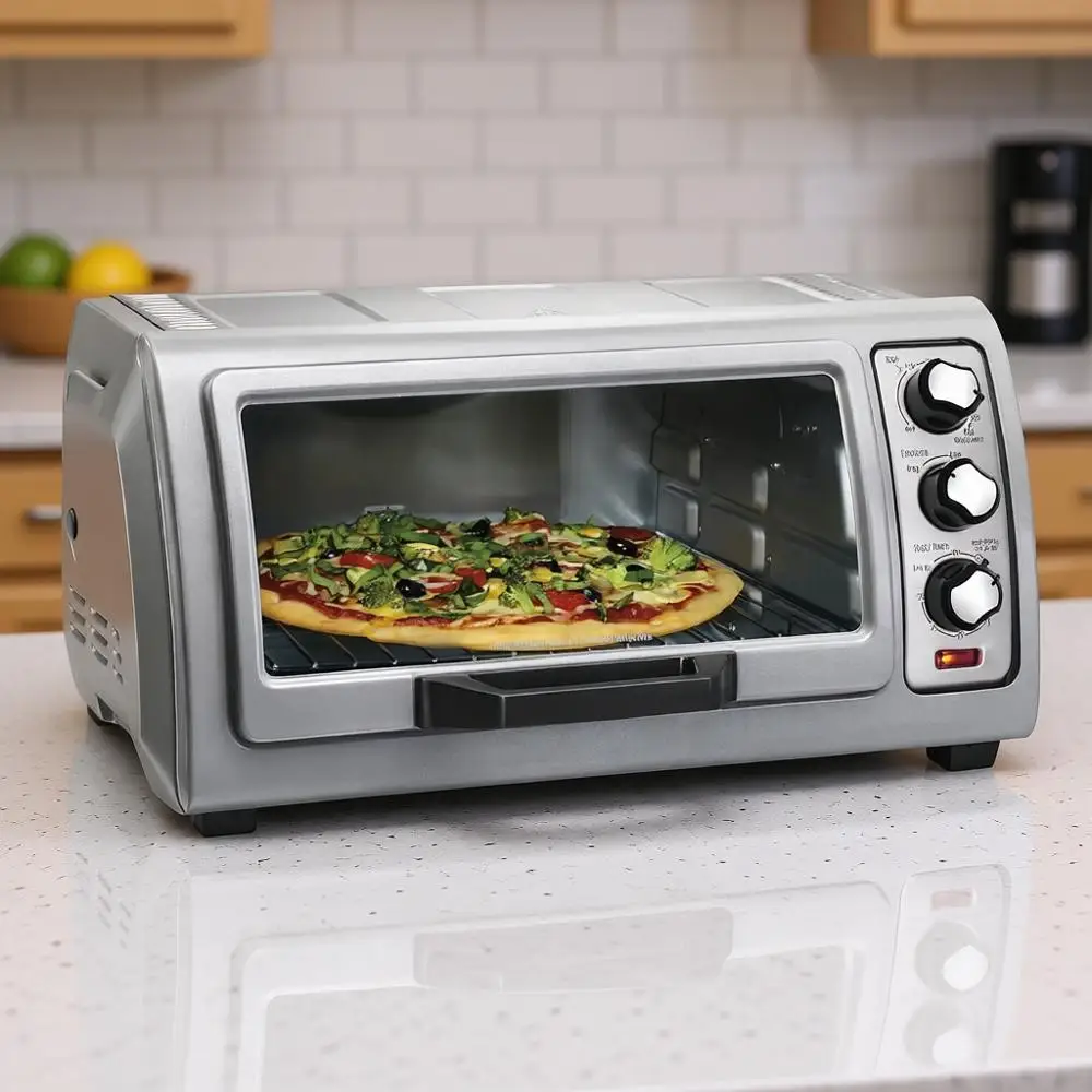 

Тостер-печь на 6 ломтиков с удобной откидной дверцей, функциями запекания, жарки и тостирования, автоматическое отключение