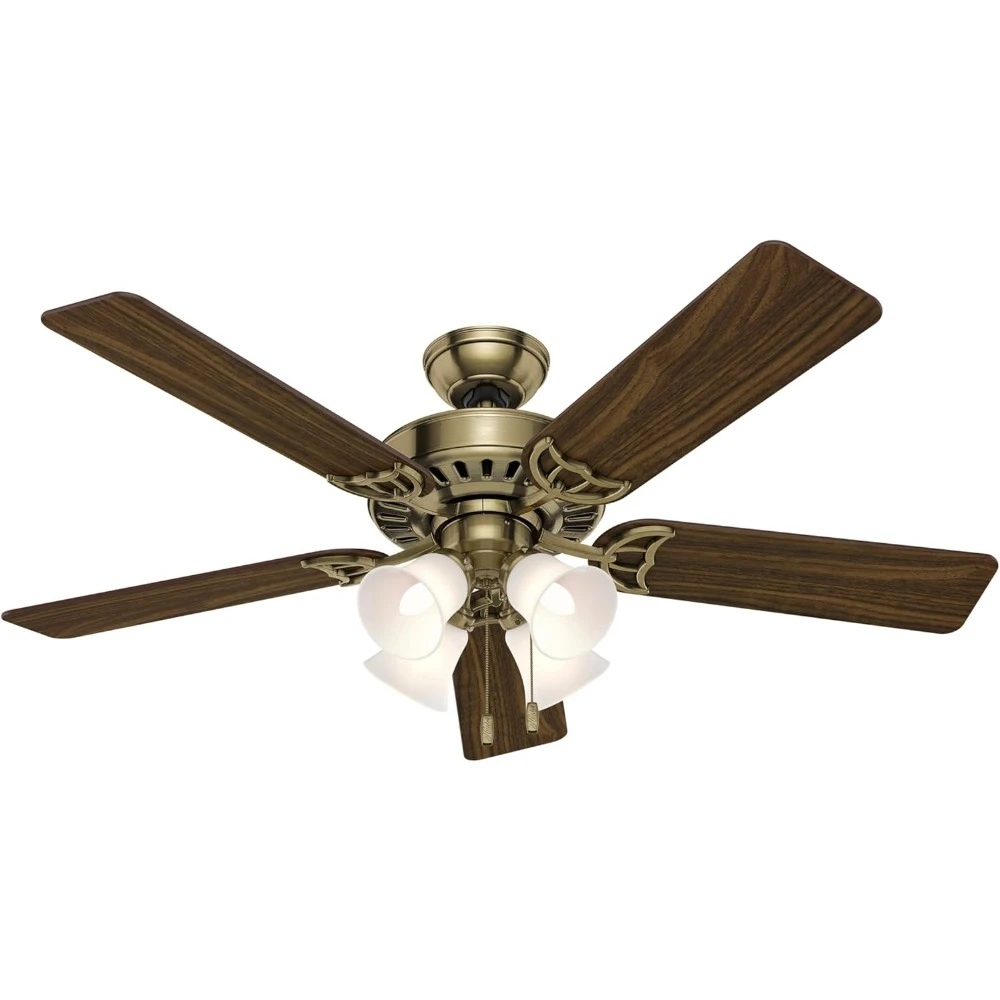 Fan Company Studio Series 52 Inch Ceiling Fan with 4 Covered Energy Efficient LED Lights and Pull Chain Control, Antique Brass