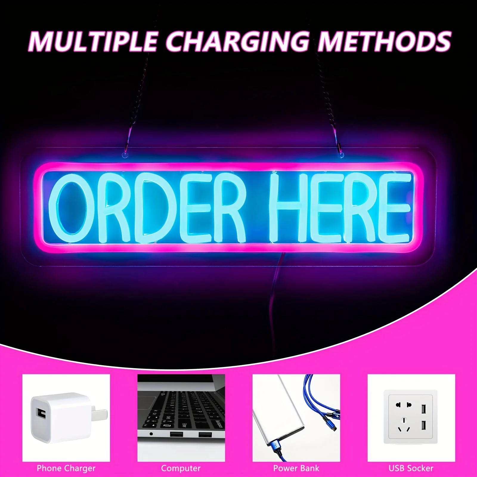 Order Here LED Neon Sign Wall Art - Vibrant Supermarket Decor for Cashier Stations & Bars, Durable Restaurant Wall Accent