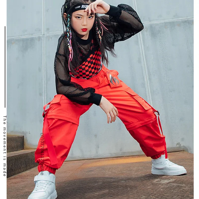 어린이 재즈 댄스 힙합 스트리트 댄스 세트 블랙 메쉬 탑 레드 바지 소녀 힙합 재즈 댄스 공연 의상