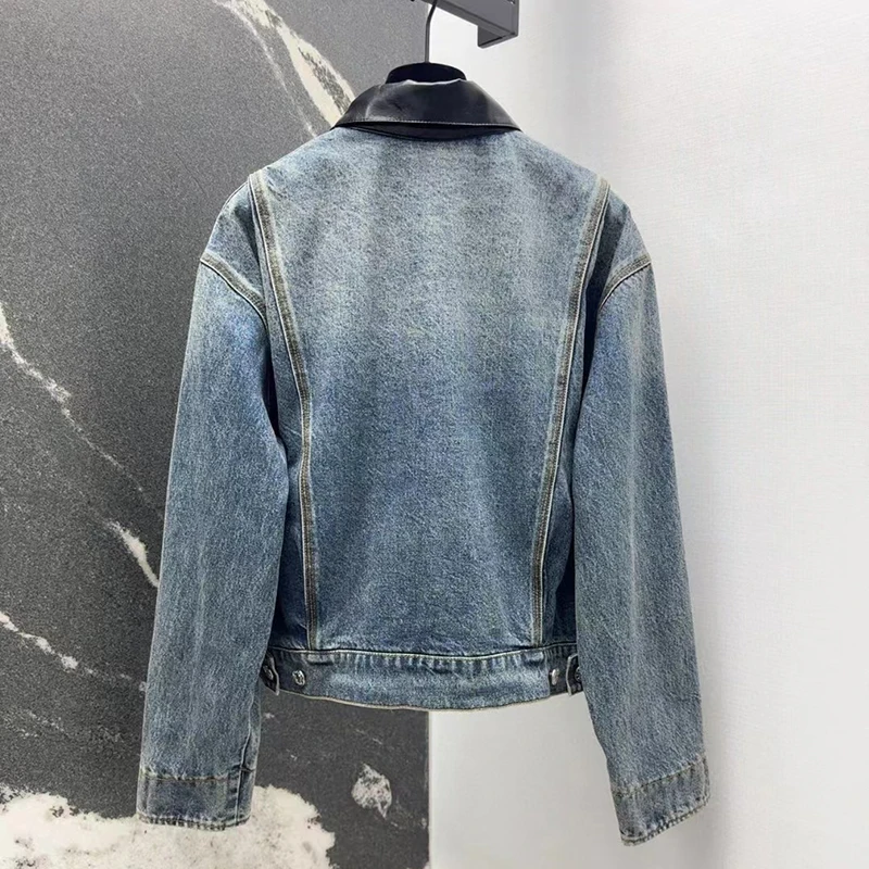 Women\'s Color Collision Lapel Denim Jacket, Fashion Casual Hundred Coat Top, High Quality, Autumn, New, 2024, y2k