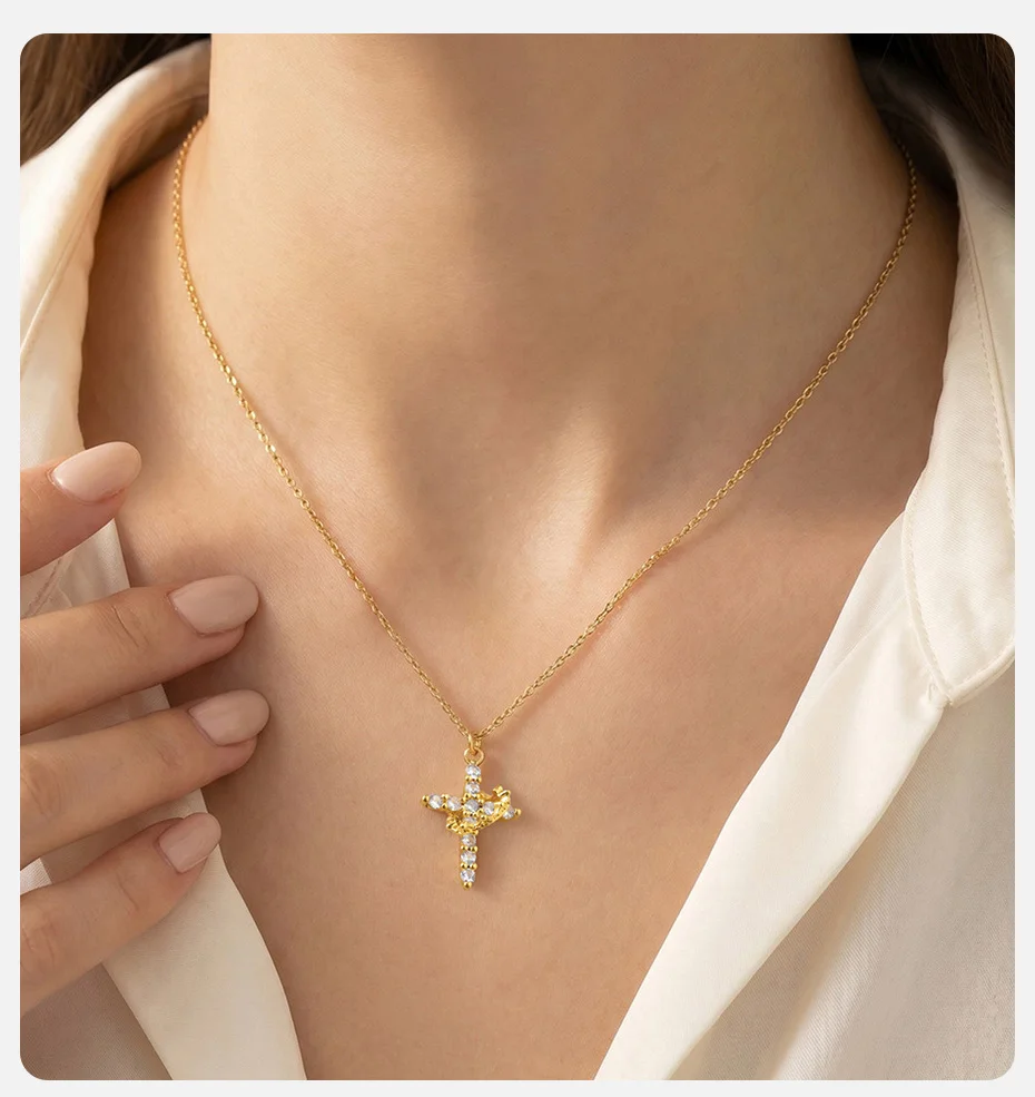 Vnox Drehbare Kronen-Kreuz-Halskette für Frauen 18K Vergoldeter Drehbarer Zirkon-Kreuz-Anhänger Halskette Christlicher Gebetsschmuck – Detail 2