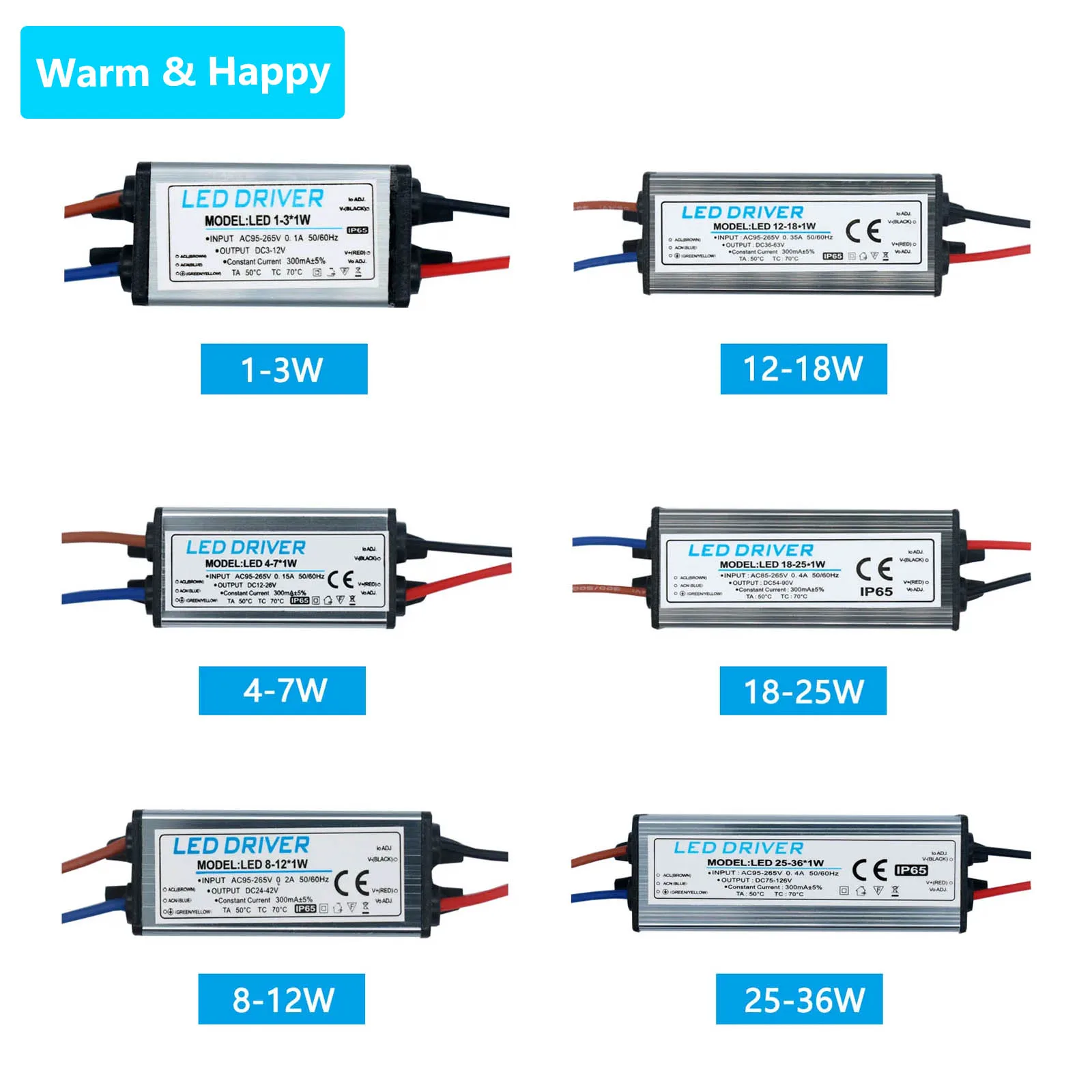 LED Driver 1-3W 4-7W 8-12W 12-18W 18-24W 25-36W AC95V-265V Power Supply 300mA Waterproof IP65 Lighting Transformer