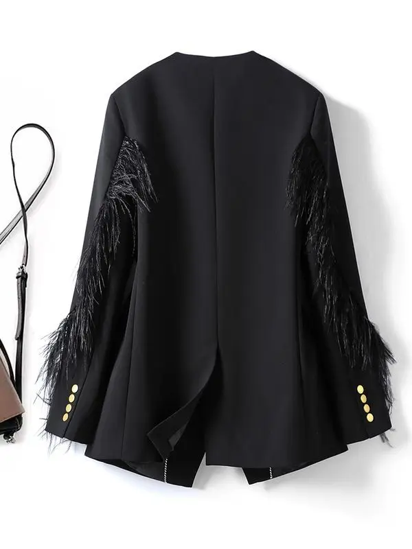 Fashion V-neck Black Suit Jackets,For Women,Spring Autumn Blazers,2024 New,Patchwork With Feathers Coats,Korean Suits Tops