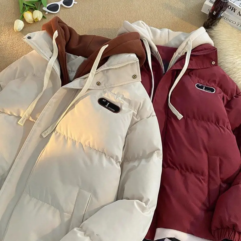 

Fake Two Piece Cotton-padded Jacket Women 2025 New Autumn Winter Thick Warm Zipper Hooded Loose Parkas Coats Chic Casual Coat