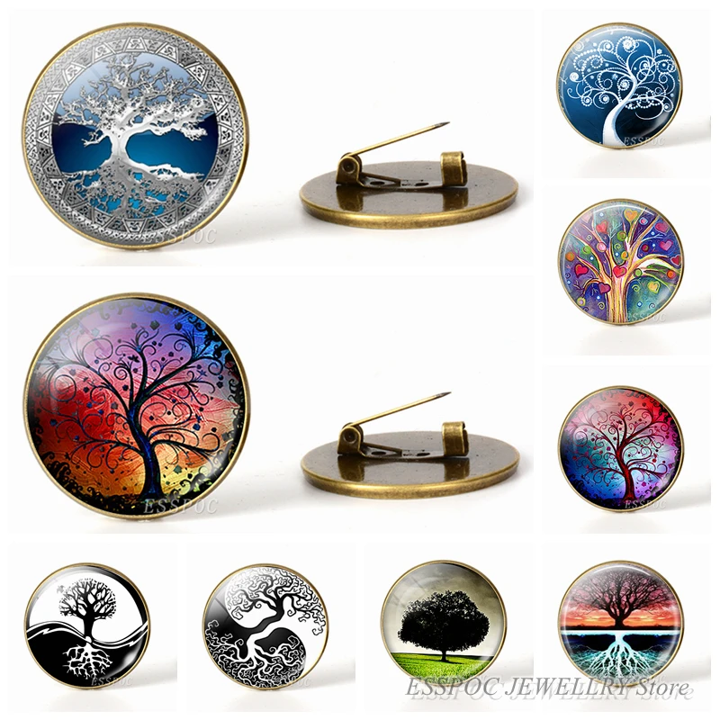 Tree of Life Simple Style Brooches Glass Cabochon Jewelry Bronze Art Brooches  Paintings Life Tree Pins Jewelry for Women Gifts