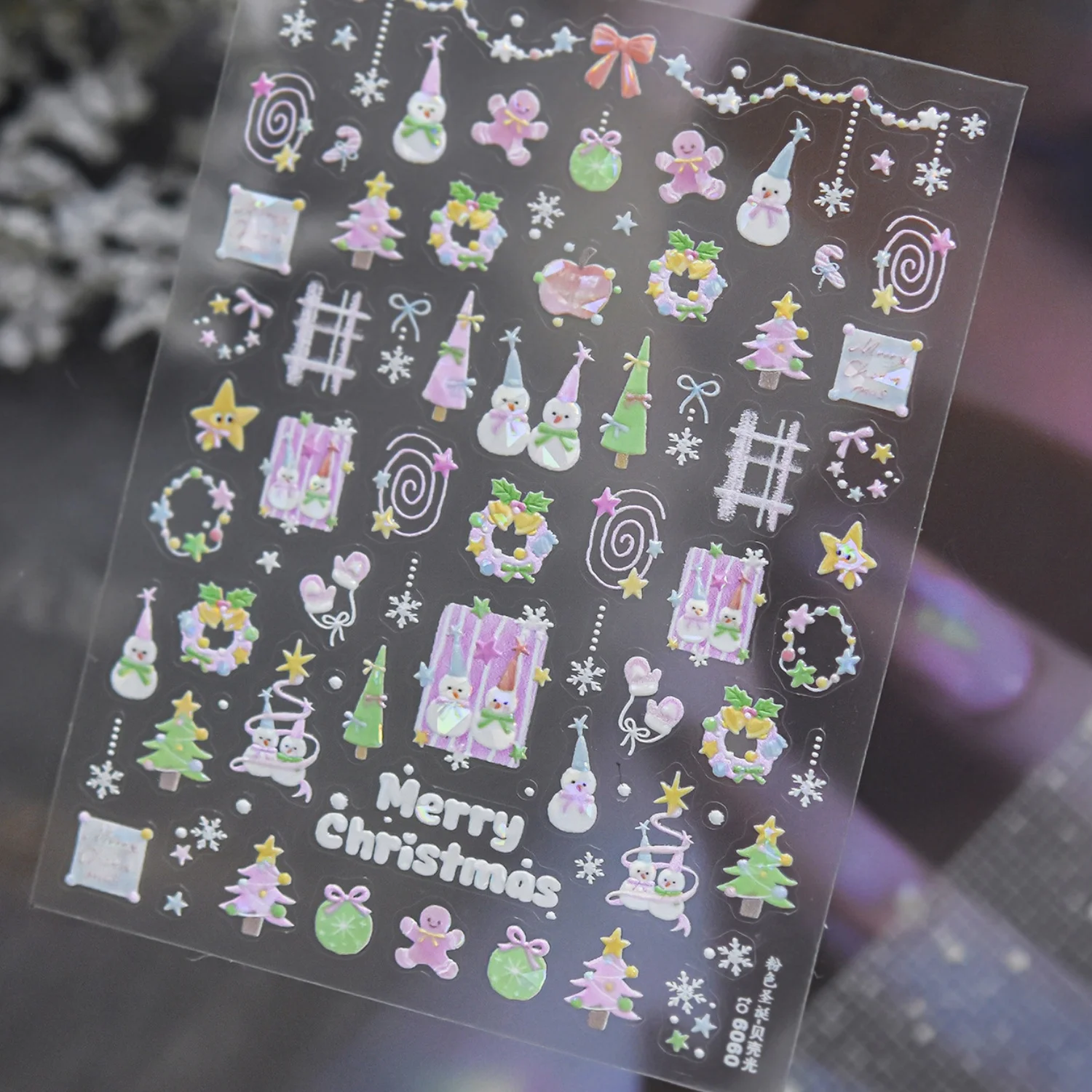 Festive 5D Nail Stickers Colorful Snowman Xmas Tree Gingerbread Man Wreath Gift Box Star Spiral Chain Lace Trim Decals Holiday