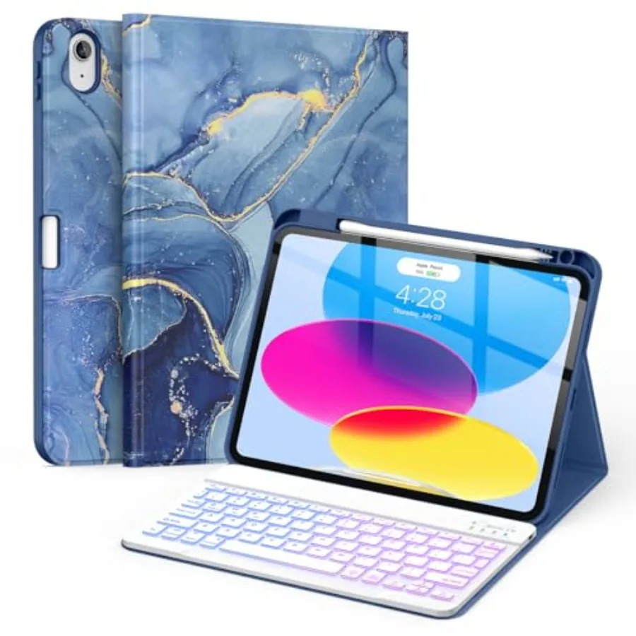 

Чехол для iPad 11-го и 10-го поколений с клавиатурой 2025/2022 - беспроводная съемная клавиатура-фолио с 7-цветной подсветкой и встроенным держателем для стилуса