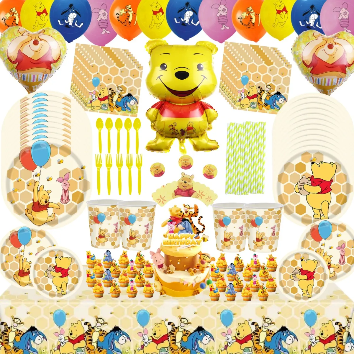 Disney Winnie the Pooh Birthday Party Decorations Bear Balloons  Toothpick Disposable Tableware Baby Shower Party Supplies Gift