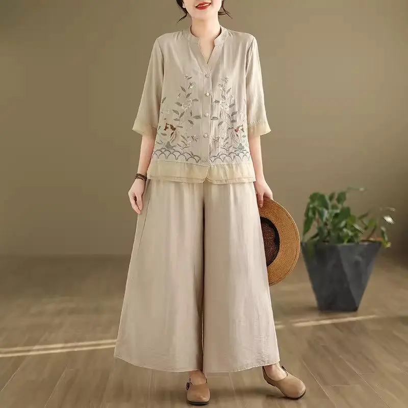 2024 Retro Ramie Standing Neck Embroidered Top + Wide Leg Pants Two Piece Set Simple And Casual Versatile Outfit For Women K164