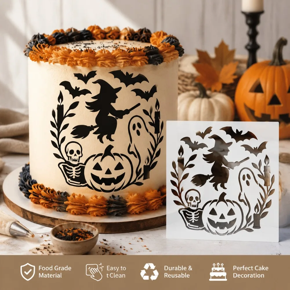 Halloween Witch Pumpkin Skull Ghost Bat Wreath Stencil PET Hollow Template Fondant Cookie Holiday Cake Baking Decor