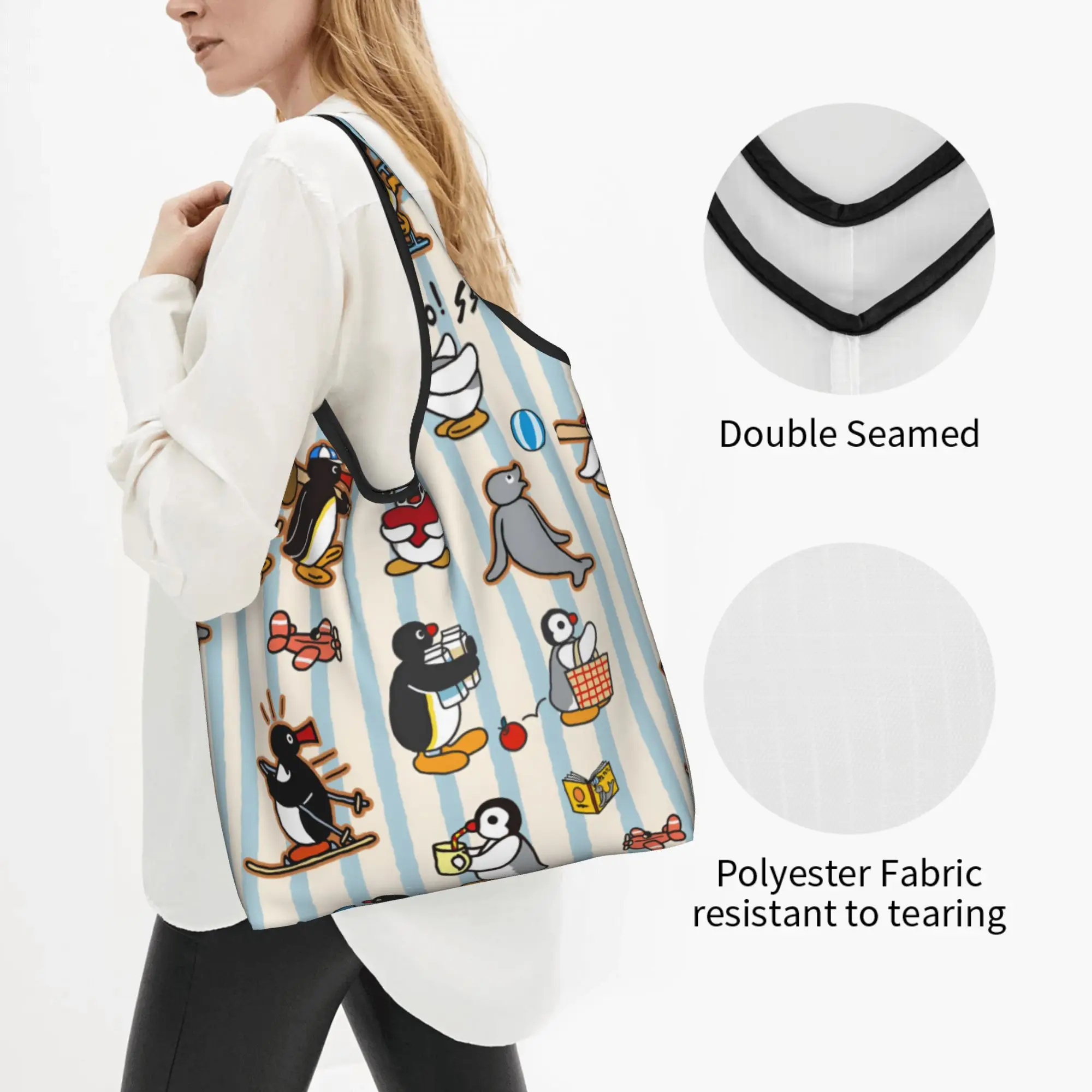 Penguin Cartoon Manga Groceries Shopping Bags Kawaii Shopper Tote Shoulder Bag Big Capacity Portable  Handbag