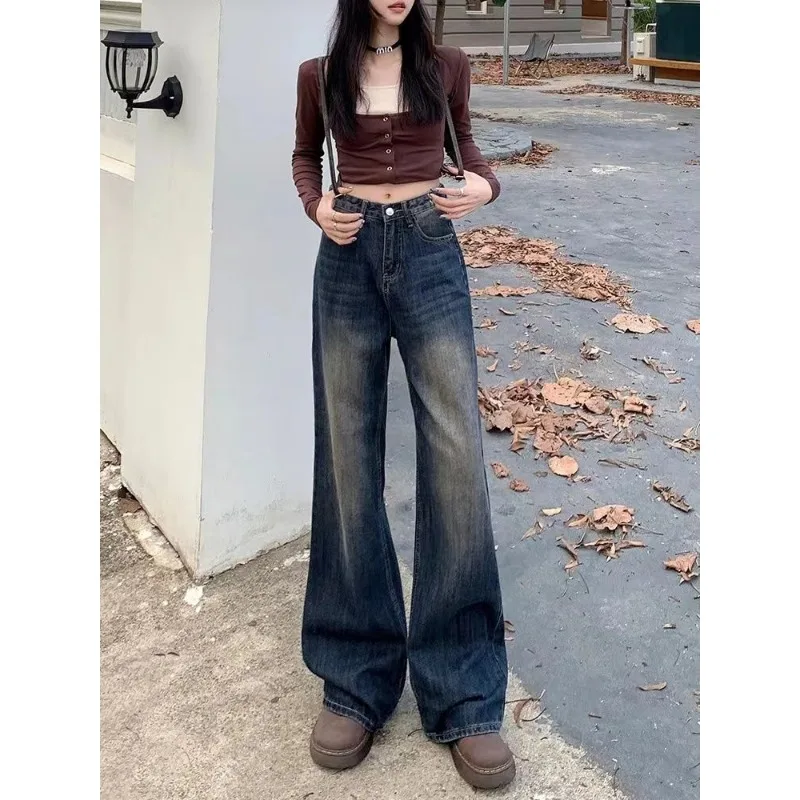 

Women's k Blue High Waisted Wide Leg Jeans Vintage Washed Loose Denim Pants
