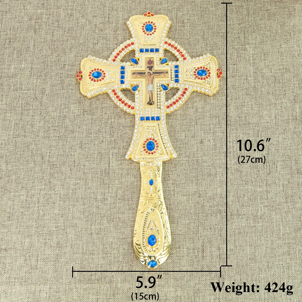 Ornate Gold Silver Handheld Cross with Enamel Icon and Crystal Accents for Orthodox Priest Liturgy Church Altar Religious Decor