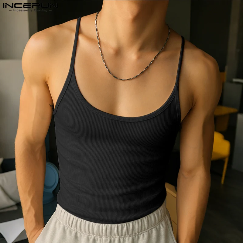 INCERUN Męskie Podkoszulki Jednolite Kolory Dekolt O Bez Rękawów Seksowne Męskie Kamizelki Letnia Odzież Uliczna Dzianina 2025 Obcisła Moda Męska Odzież